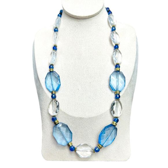 Blue and Clear Faceted Acrylic Bead Necklace Toggle Clasp - Picture 2 of 6